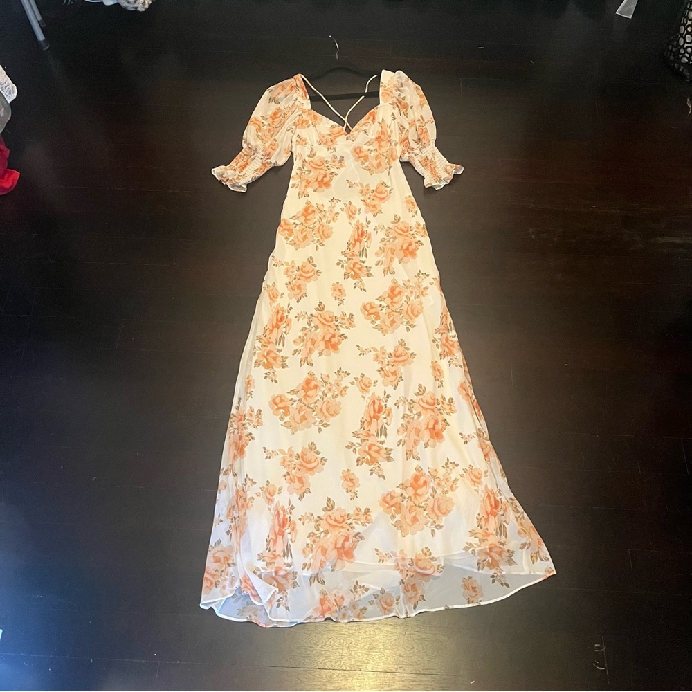 Luxxel Womens Dress Yellow Maxi Floral Puffed Cutout Open Back Cottagecore
